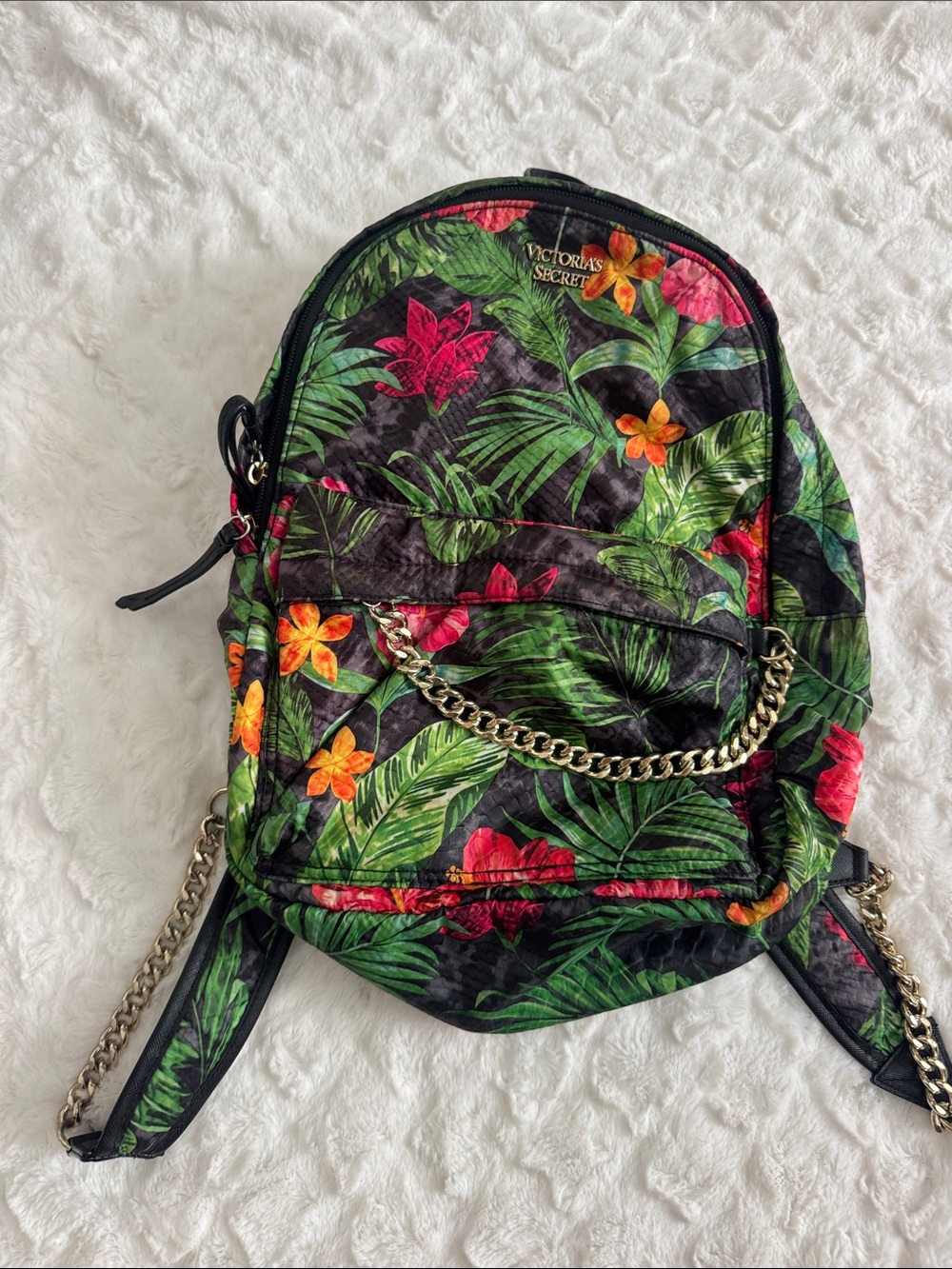 Victoria's Secret Black Tropical Floral Mini Backpack with Gold Chain - Picture 1 of 5